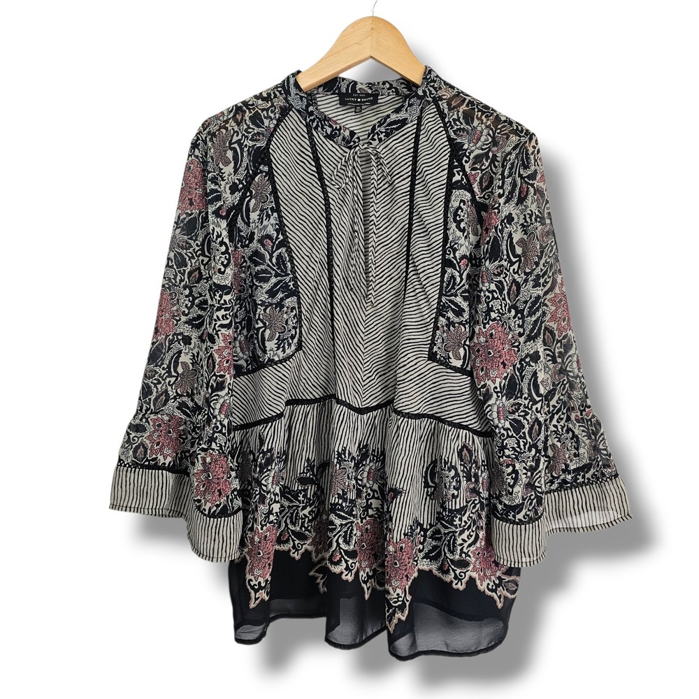 Lucky Brand Peasant Top 1X Flowy Floral Stripe Sheer Valentines Day Boho Elegant